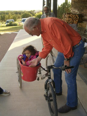 Cloe Commandeur with Archie Hanson in Archie's custom duck feeding cart